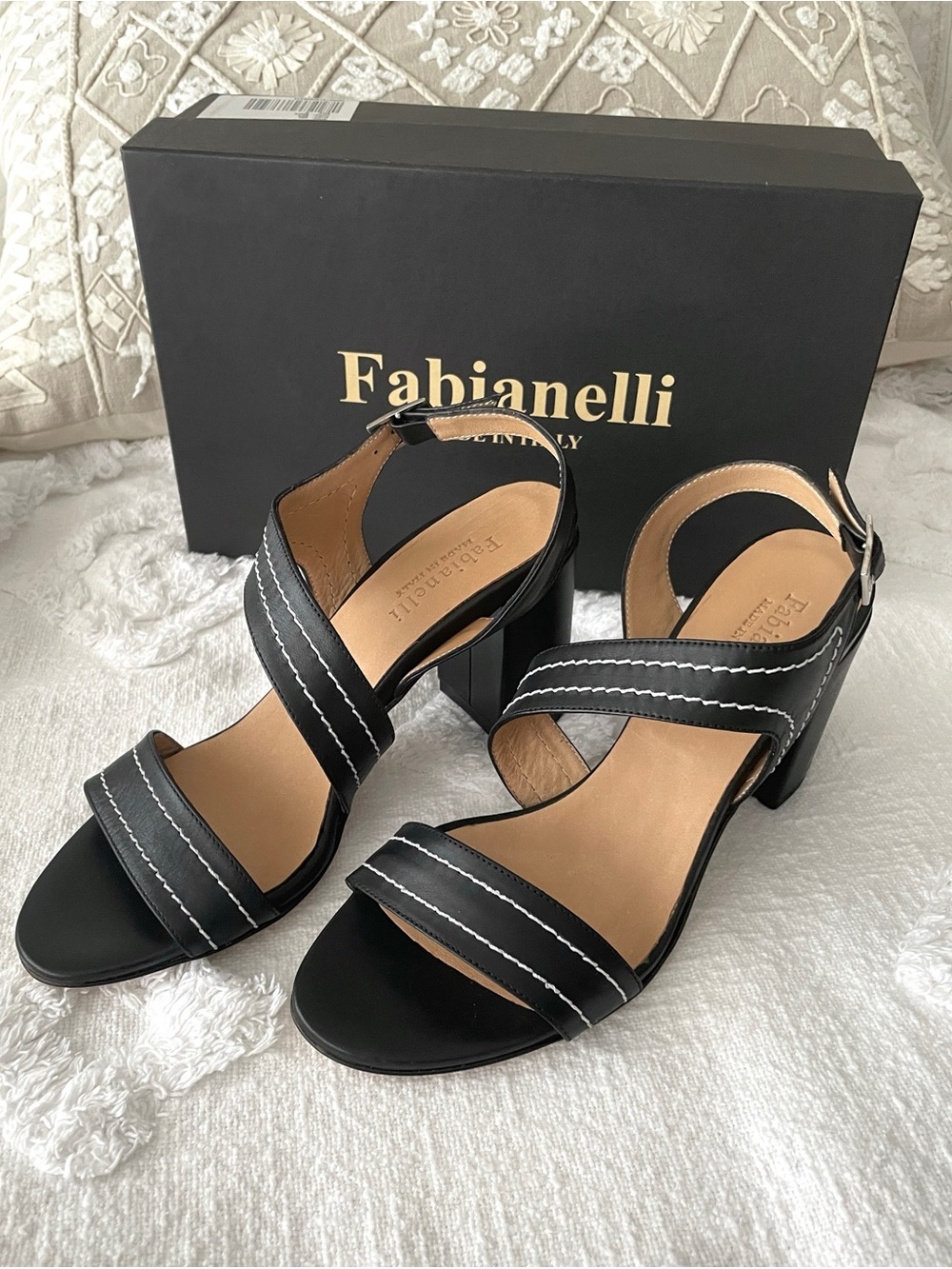 Fabianelli Italian Leather Block Heel Sandals with White Stitching